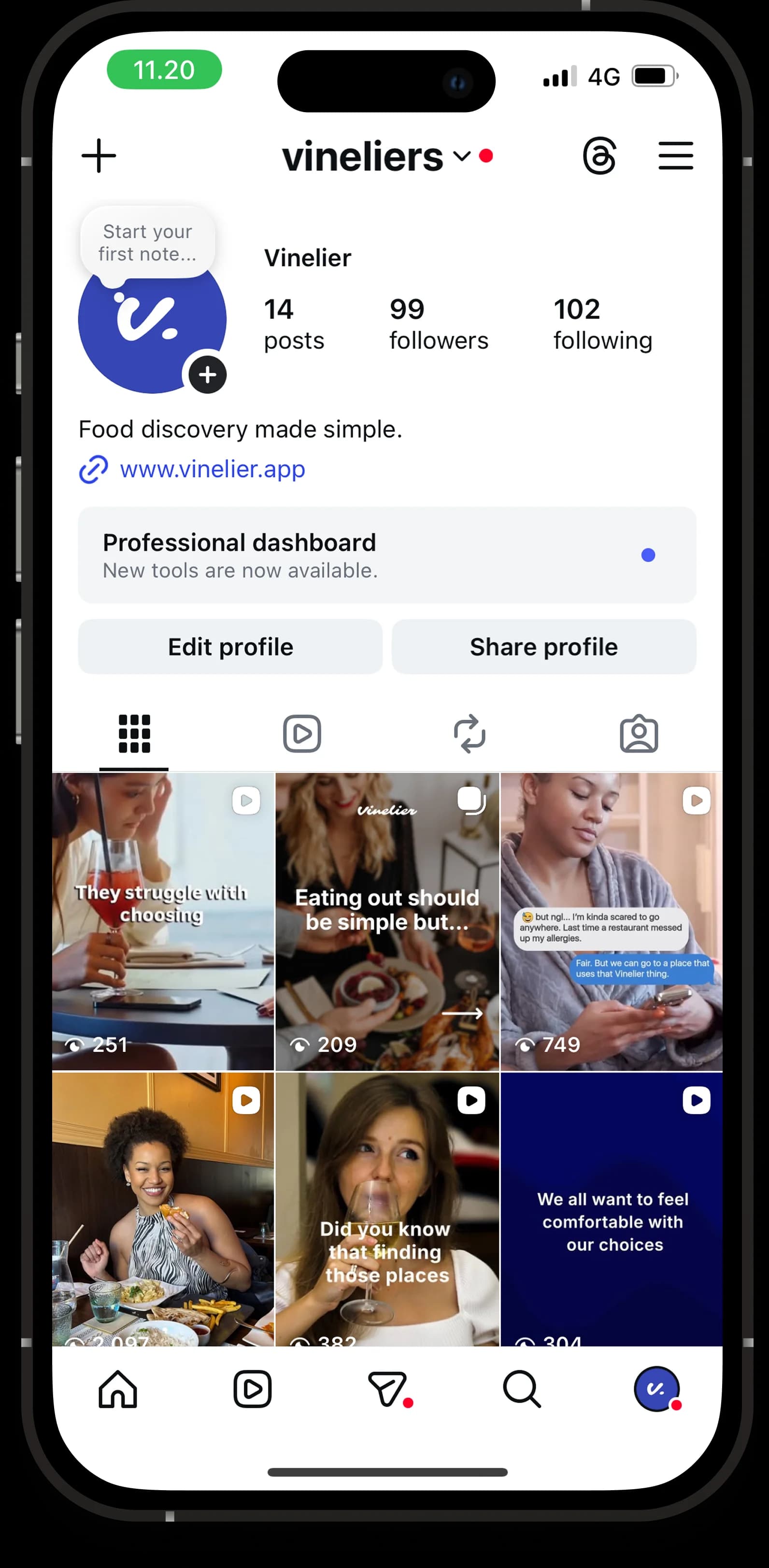 Vinelier app on mobile showing social features