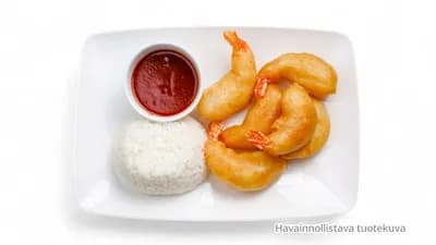 23. Friteerattuja jättikatkarapuja hapanimeläkastikkeella