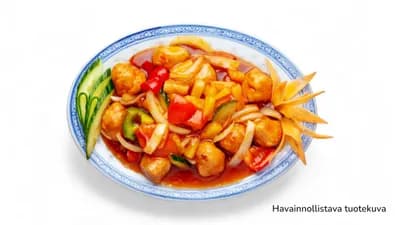 54. Friteerattua porsaanlihaa hapanimeläkastikkeessa