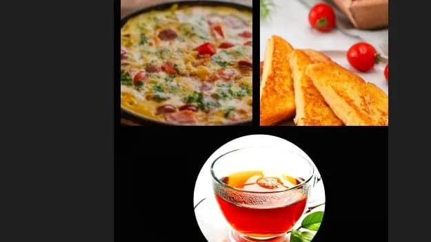 Aamiainen: munia, makkaraa ja toastia, tee tai kahvi oman valinnan mukaan