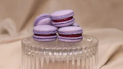 Mustaherukka-seljankukkamacaron