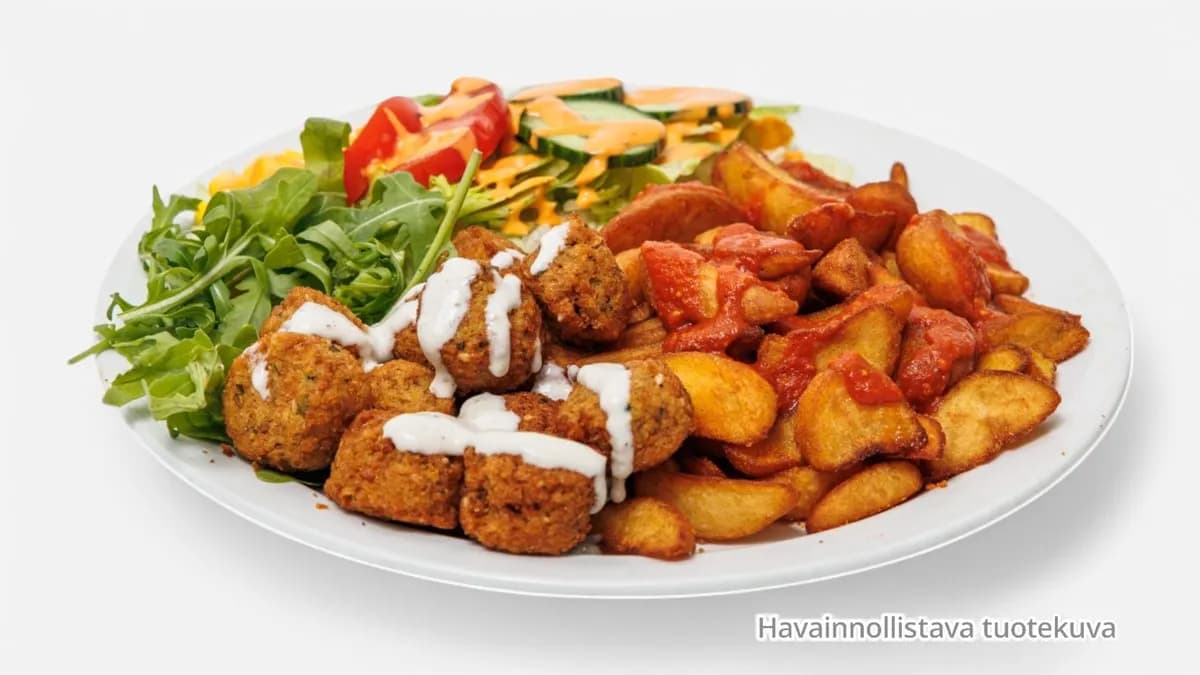 F4. Falafel lohkoperunoilla