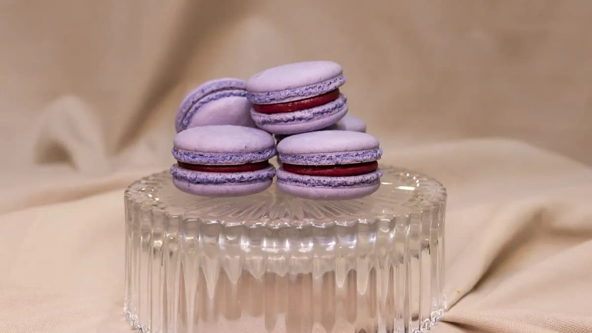 Mustaherukka-seljankukkamacaron