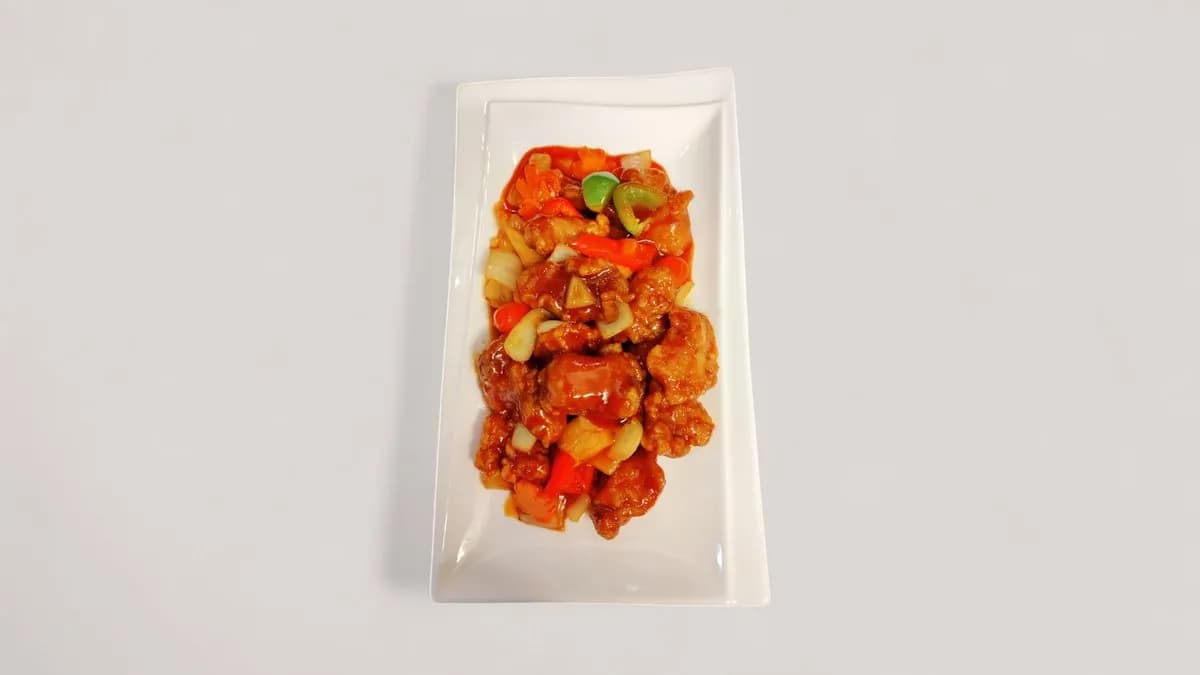 T44. Friteerattua porsaanlihaa hapanimeläkastikkeessa