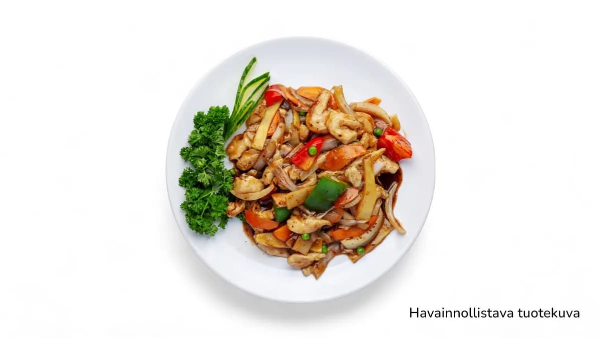 38. Kanaa, vihanneksia ja mustapapukastikkeessa