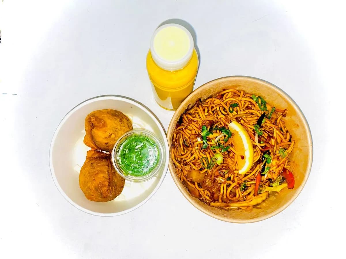 Chicken Chowmein (Noodle), Samosa, Mango lassi