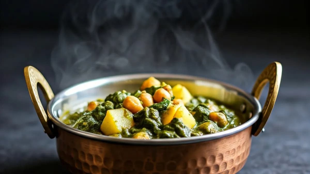 43. Aalu Chana Saag Masala (G,L,P) 🌶 (Vegan Possible)