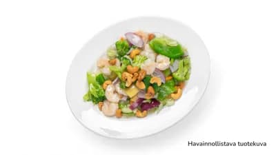 Paistettua jättiläiskatkarapua ja cashew-pähkinöitä