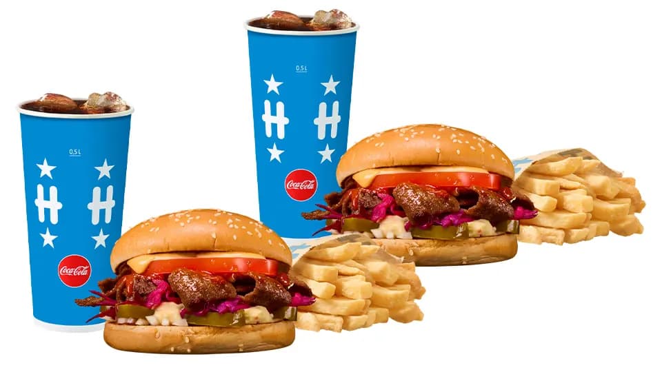 Kaksi isoa Dönerkebabhampurilaisateriaa yht. 24 €